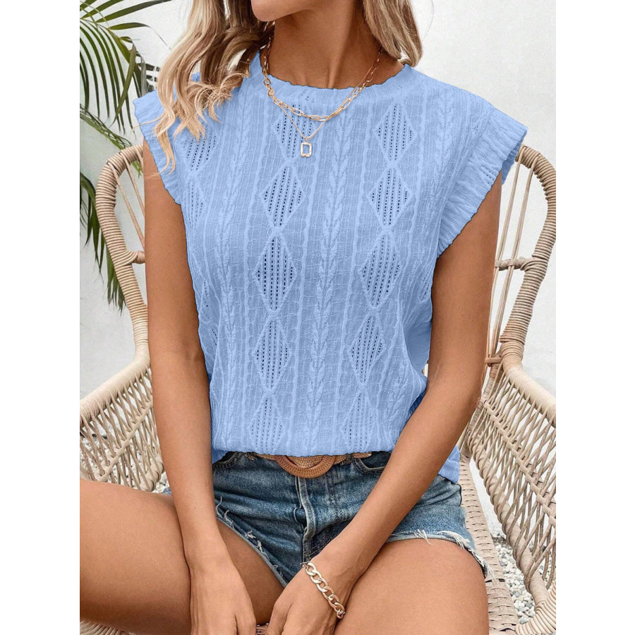 Openwork Round Neck Cap Sleeve Top Apparel and Accessories