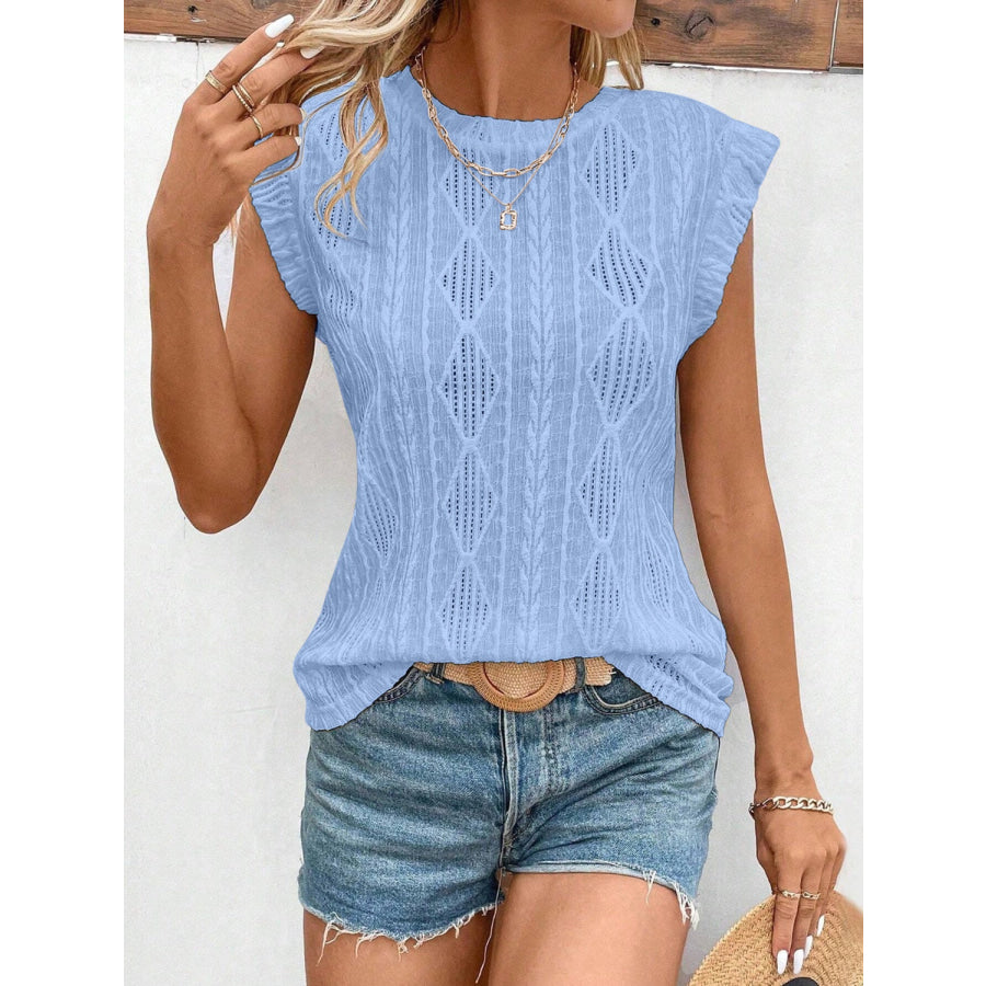 Openwork Round Neck Cap Sleeve Top Apparel and Accessories