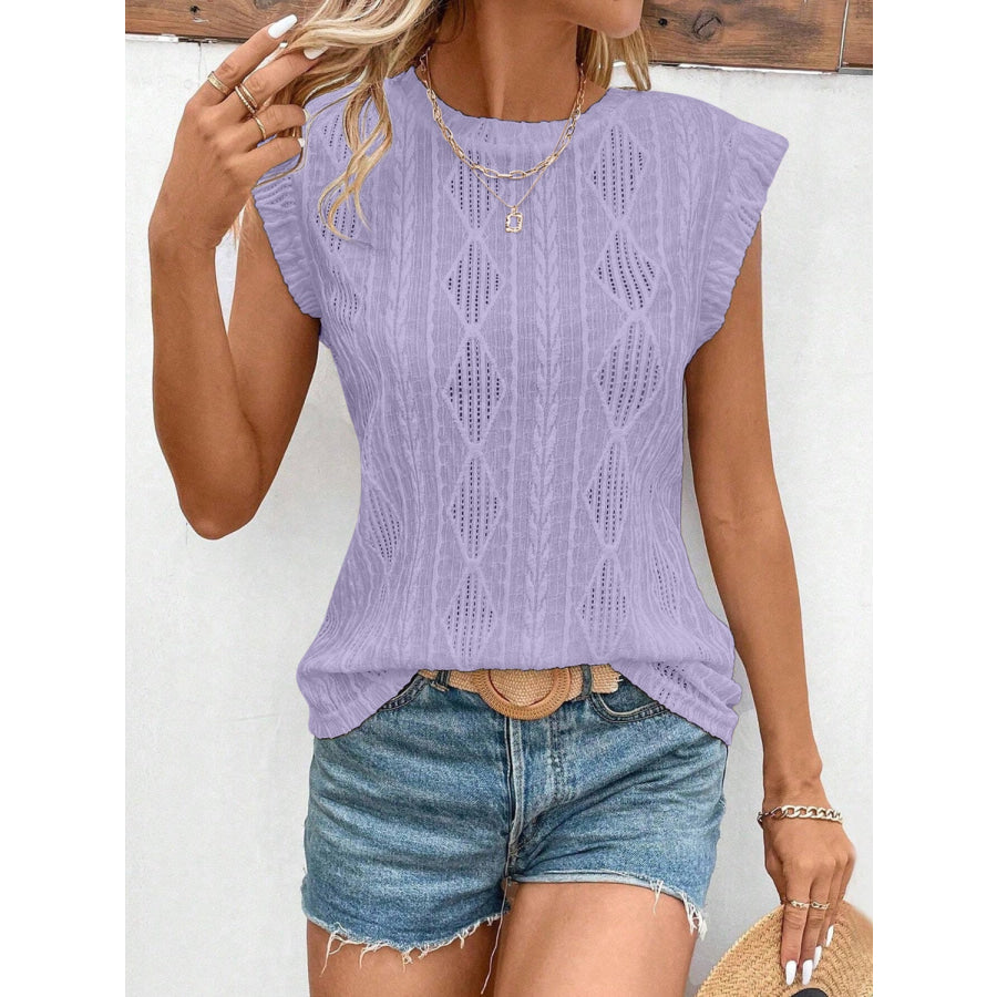 Openwork Round Neck Cap Sleeve Top Lavender / S Apparel and Accessories