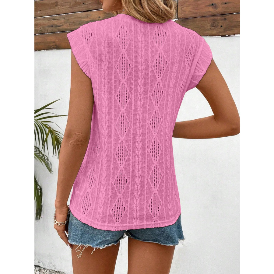 Openwork Round Neck Cap Sleeve Top Pink / S Apparel and Accessories