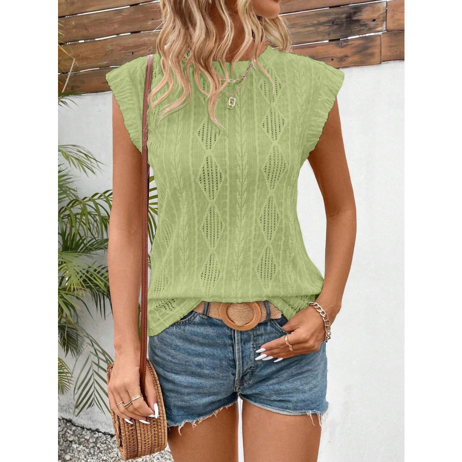 Openwork Round Neck Cap Sleeve Top Sage / S Apparel and Accessories