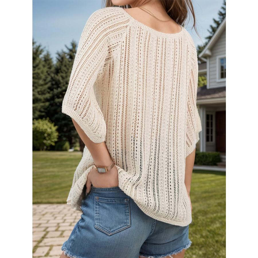 Openwork Round Neck Cover-Up Tan / S Apparel and Accessories
