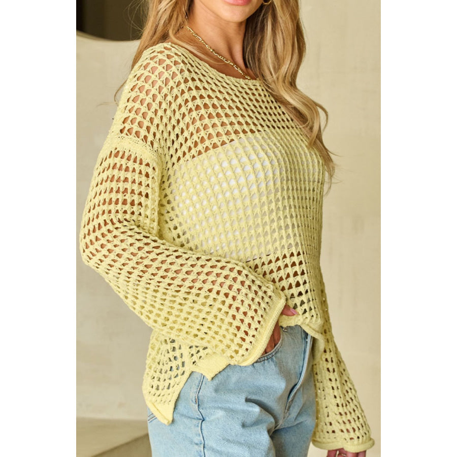 Openwork Round Neck Dropped Shoulder Knit Cover Up Apparel and Accessories