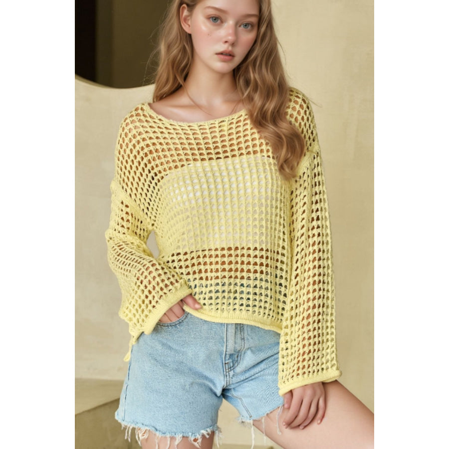 Openwork Round Neck Dropped Shoulder Knit Cover Up Apparel and Accessories