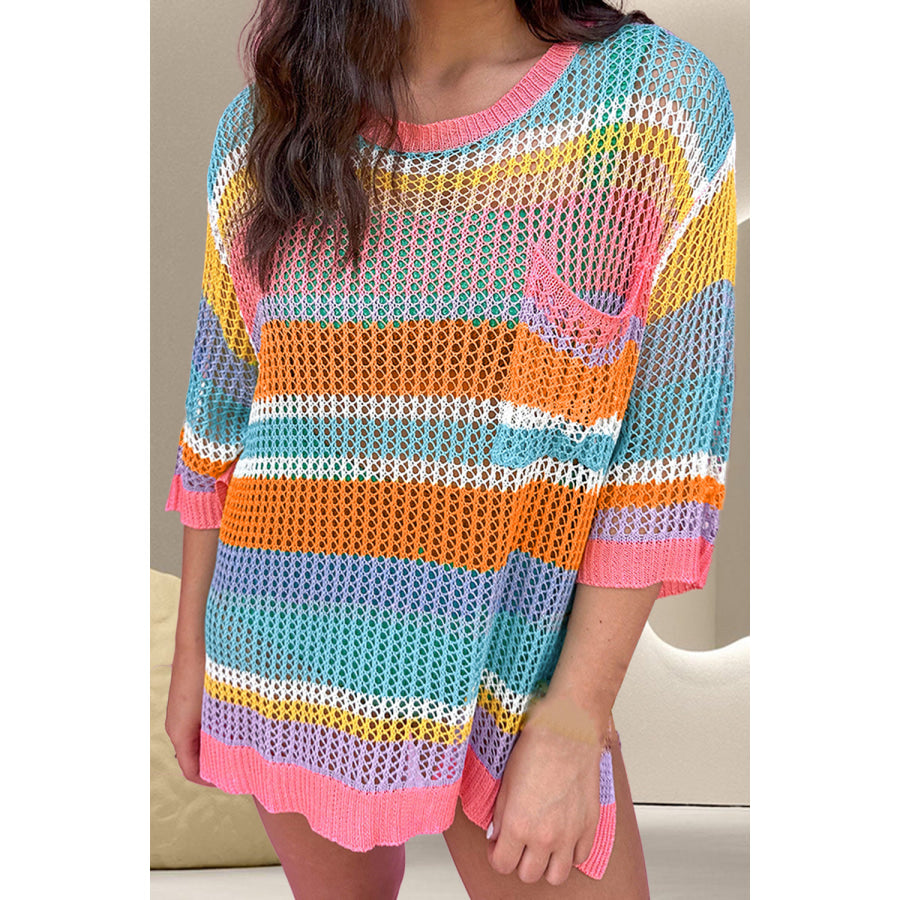 Openwork Round Neck Dropped Shoulder Knit Cover-Up Pastel Blue / S Apparel and Accessories
