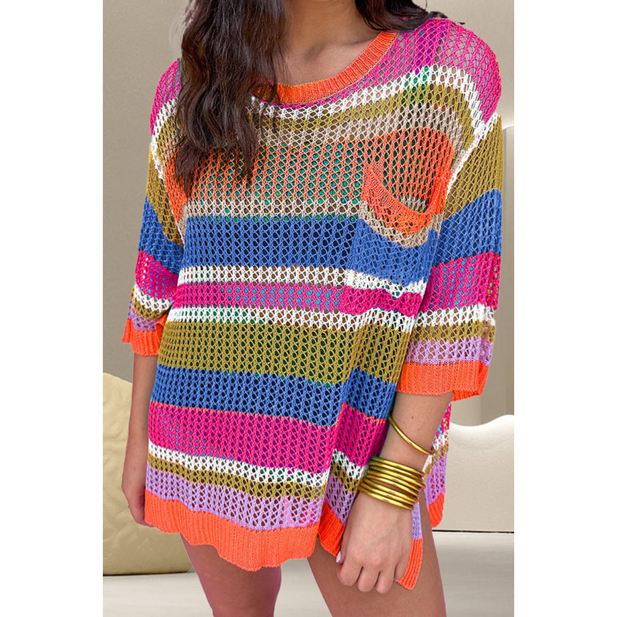 Openwork Round Neck Dropped Shoulder Knit Cover-Up Peacock Blue / M Apparel and Accessories