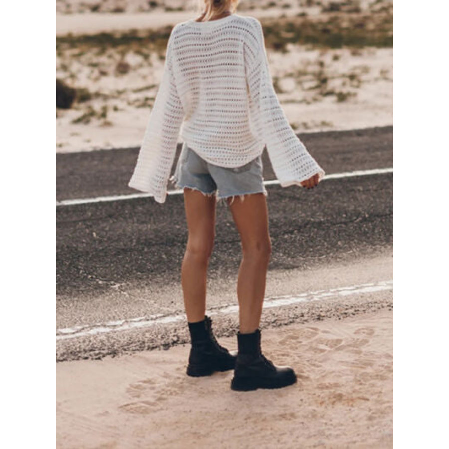 Openwork Round Neck Dropped Shoulder Knit Top White / S Apparel and Accessories