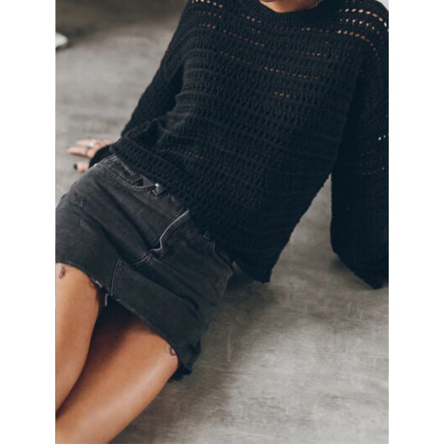 Openwork Round Neck Dropped Shoulder Knit Top Apparel and Accessories