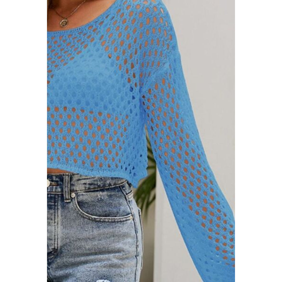 Openwork Round Neck Dropped Shoulder Knit Top Apparel and Accessories