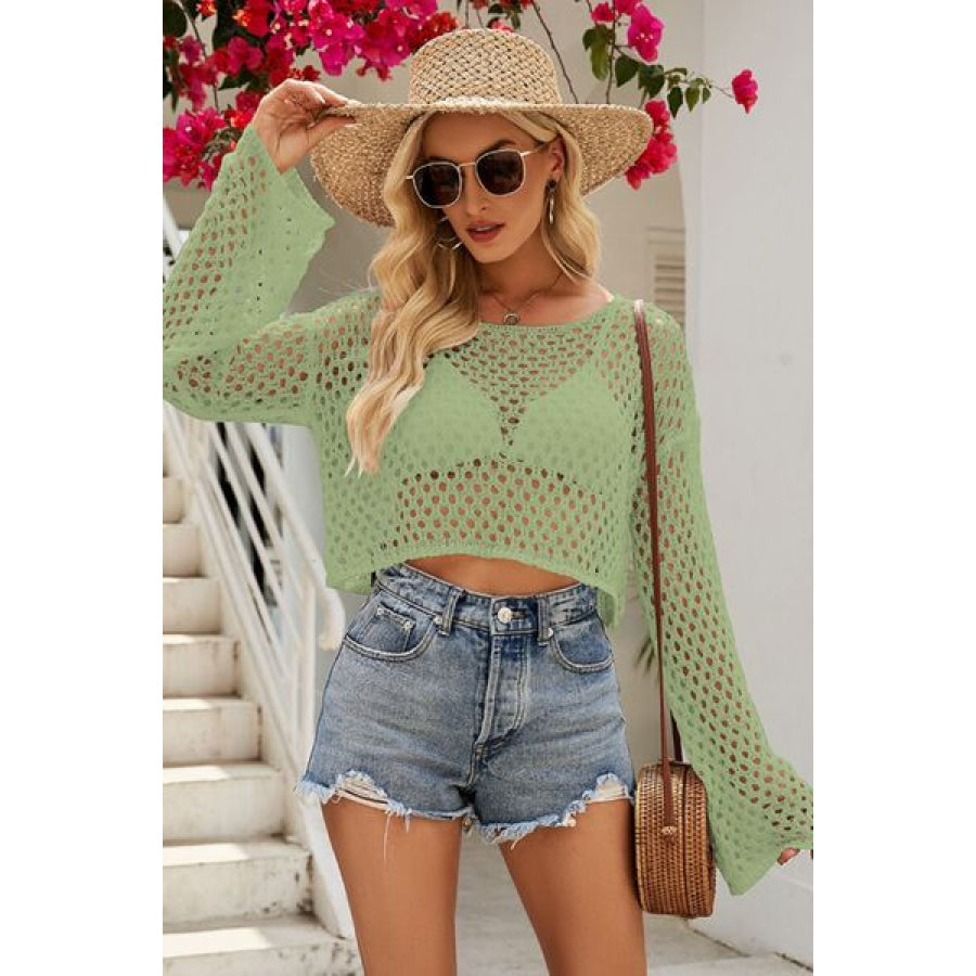 Openwork Round Neck Dropped Shoulder Knit Top Apparel and Accessories