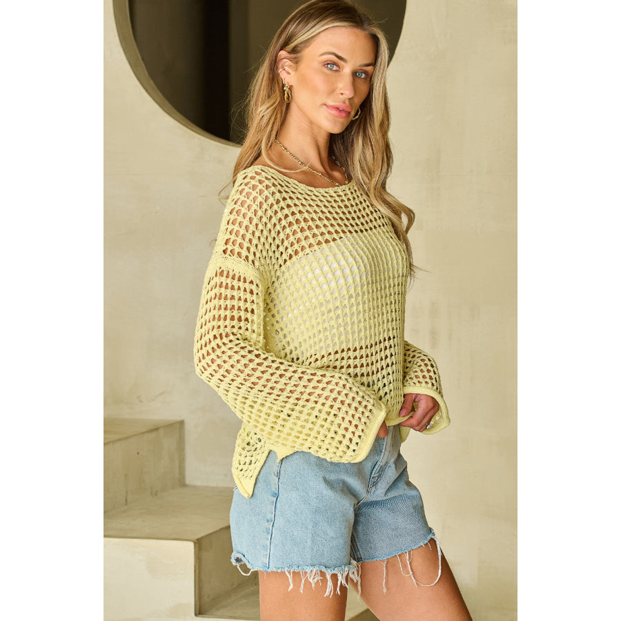 Openwork Round Neck Dropped Shoulder Knit Top Apparel and Accessories