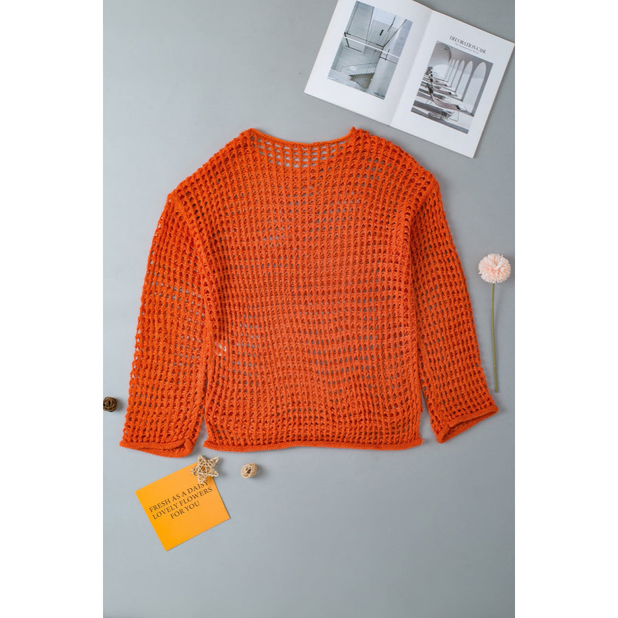 Openwork Round Neck Dropped Shoulder Knit Top Apparel and Accessories