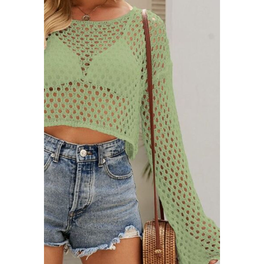 Openwork Round Neck Dropped Shoulder Knit Top Apparel and Accessories