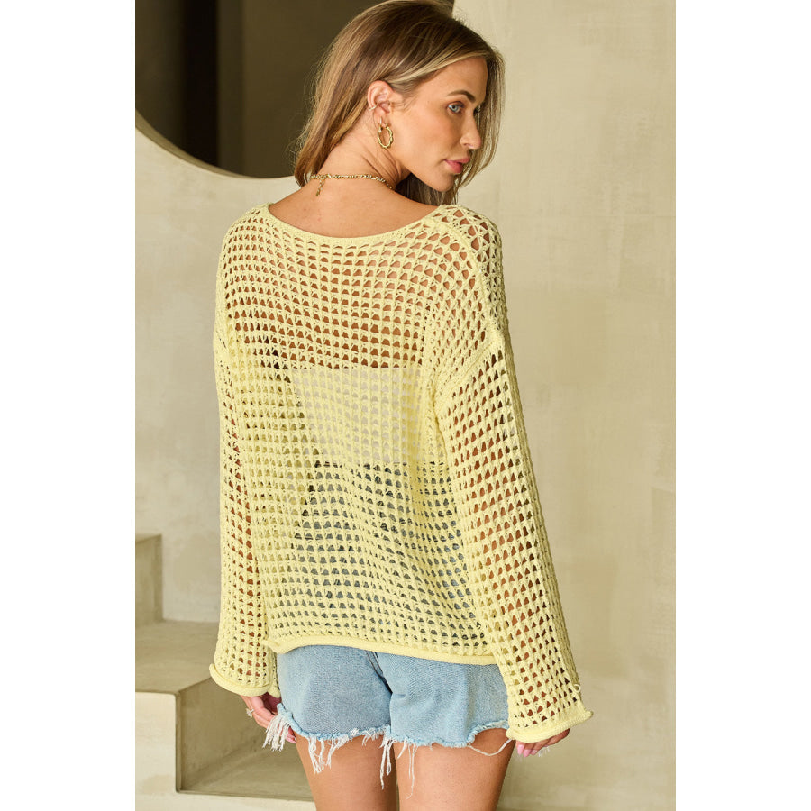 Openwork Round Neck Dropped Shoulder Knit Top Apparel and Accessories