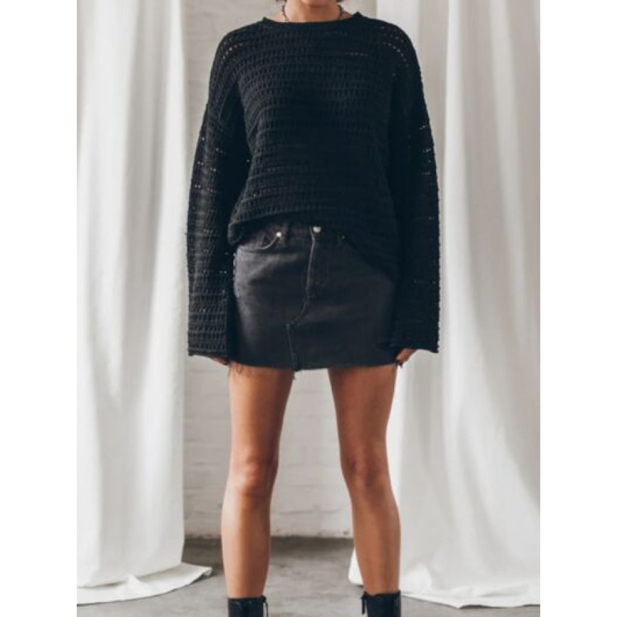 Openwork Round Neck Dropped Shoulder Knit Top Black / S Apparel and Accessories