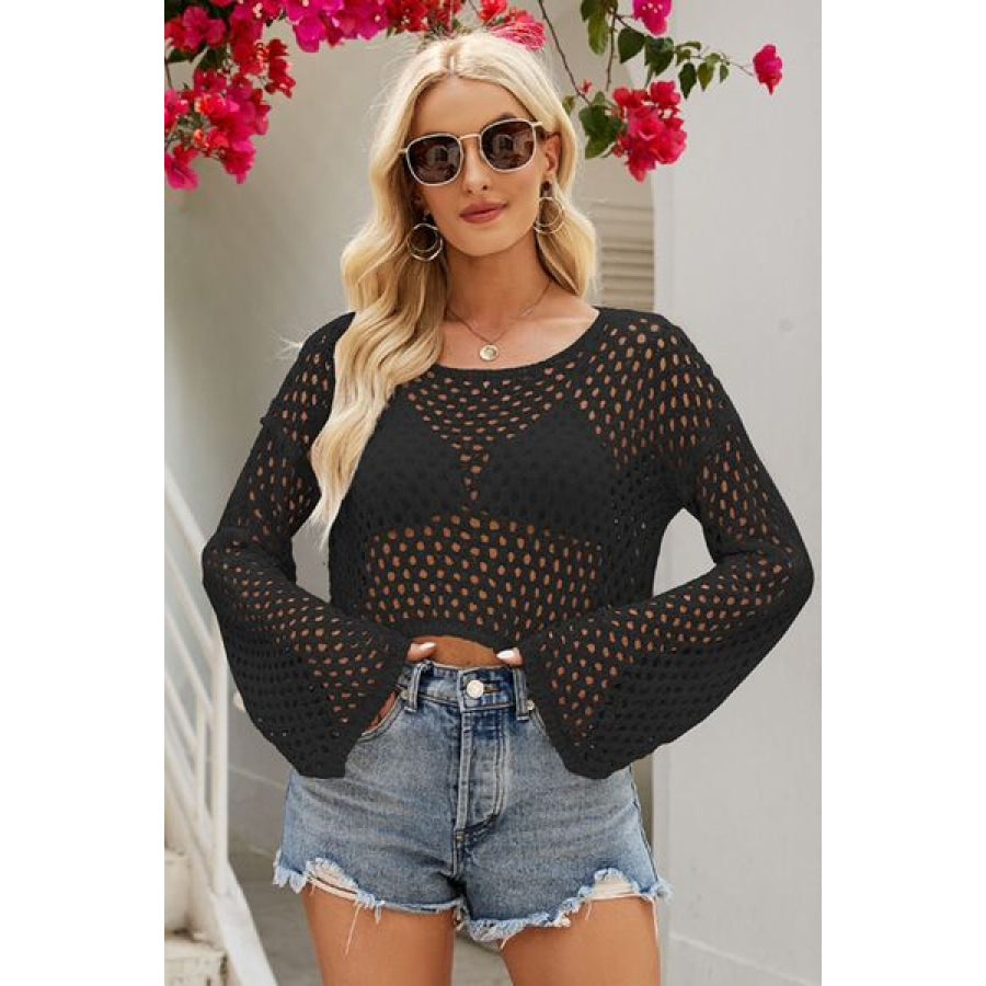 Openwork Round Neck Dropped Shoulder Knit Top Black / S Apparel and Accessories