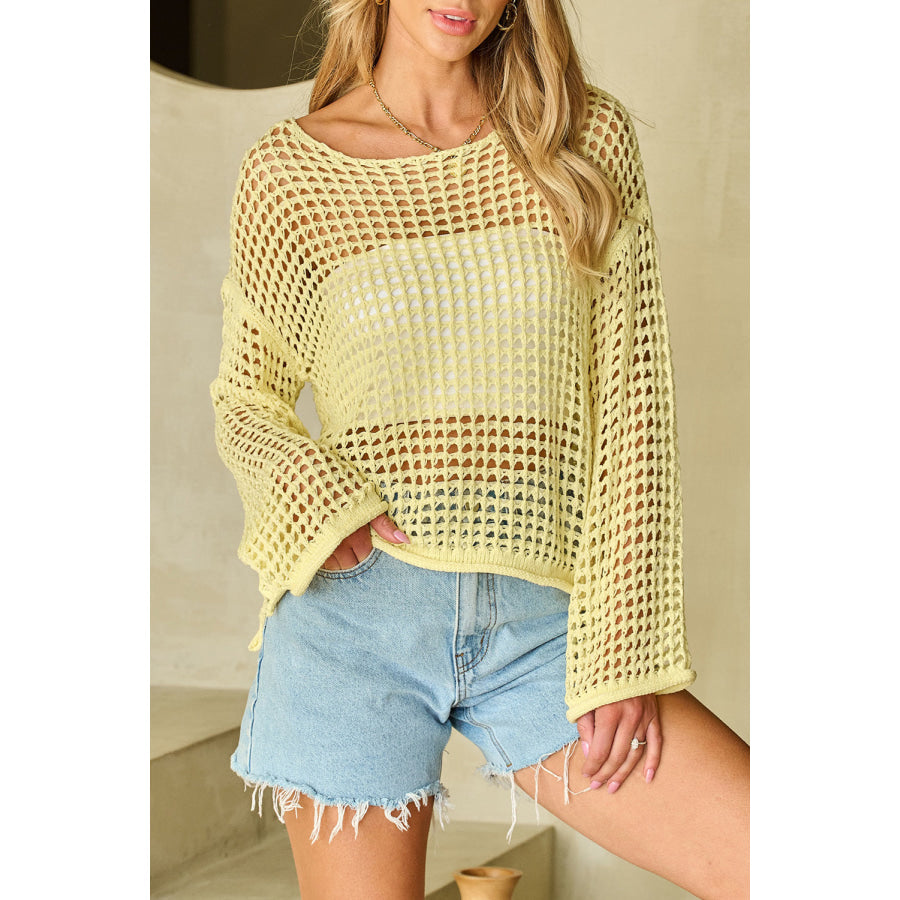 Openwork Round Neck Dropped Shoulder Knit Top Yellow / S Apparel and Accessories