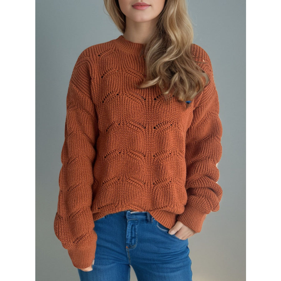 Openwork Round Neck Dropped Shoulder Sweater Apparel and Accessories