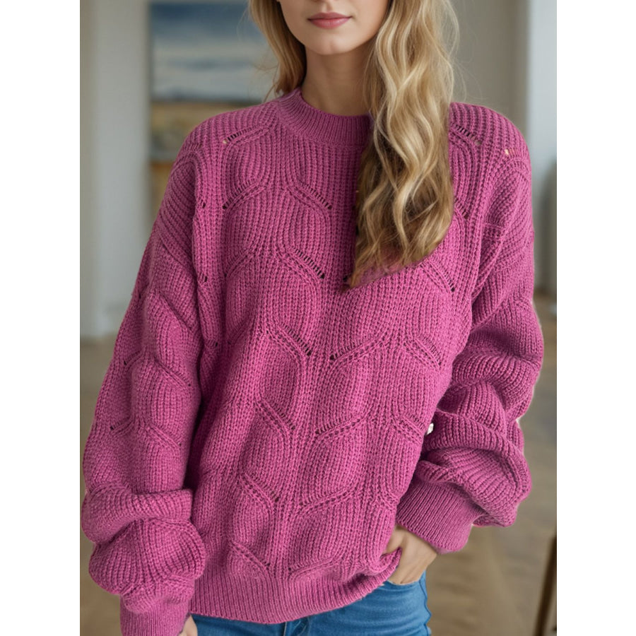 Openwork Round Neck Dropped Shoulder Sweater Apparel and Accessories