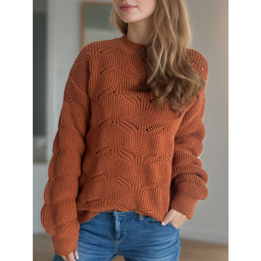 Openwork Round Neck Dropped Shoulder Sweater Apparel and Accessories