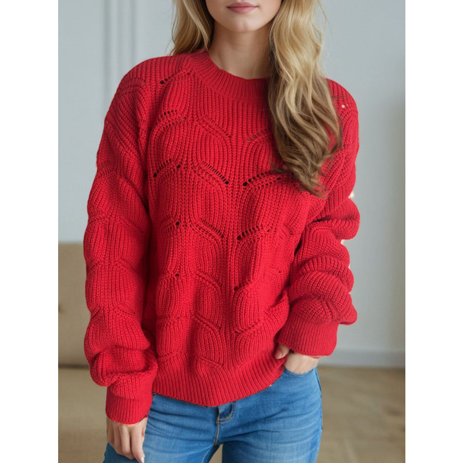 Openwork Round Neck Dropped Shoulder Sweater Apparel and Accessories