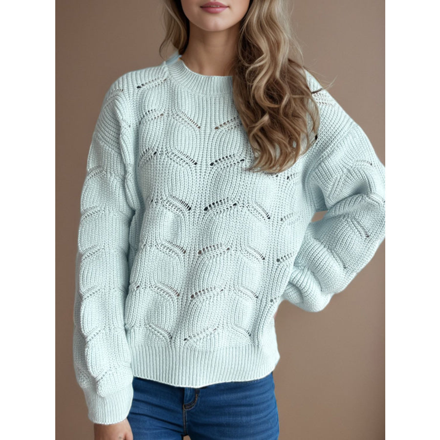 Openwork Round Neck Dropped Shoulder Sweater Apparel and Accessories