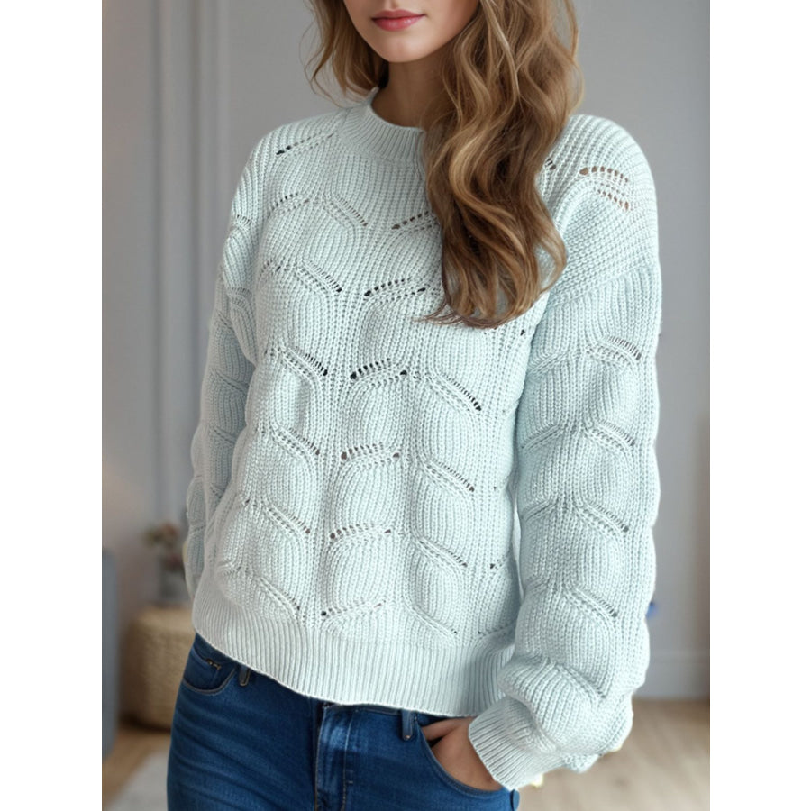 Openwork Round Neck Dropped Shoulder Sweater Apparel and Accessories