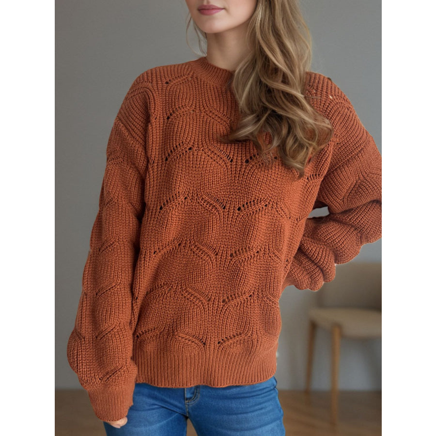 Openwork Round Neck Dropped Shoulder Sweater Apparel and Accessories