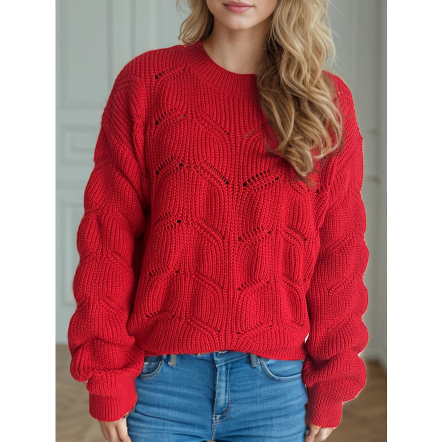 Openwork Round Neck Dropped Shoulder Sweater Apparel and Accessories