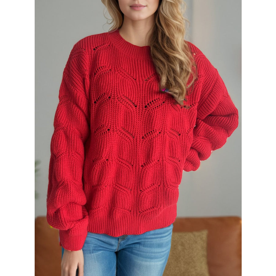 Openwork Round Neck Dropped Shoulder Sweater Apparel and Accessories