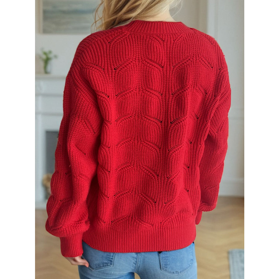 Openwork Round Neck Dropped Shoulder Sweater Apparel and Accessories