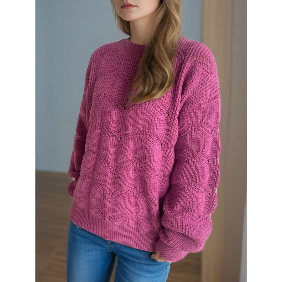 Openwork Round Neck Dropped Shoulder Sweater Apparel and Accessories