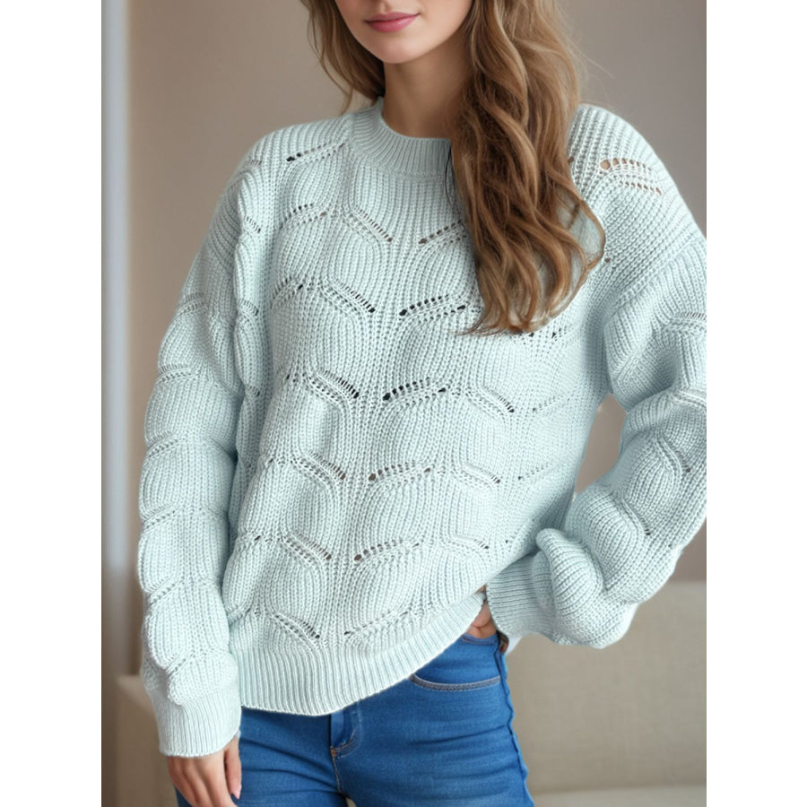 Openwork Round Neck Dropped Shoulder Sweater Apparel and Accessories