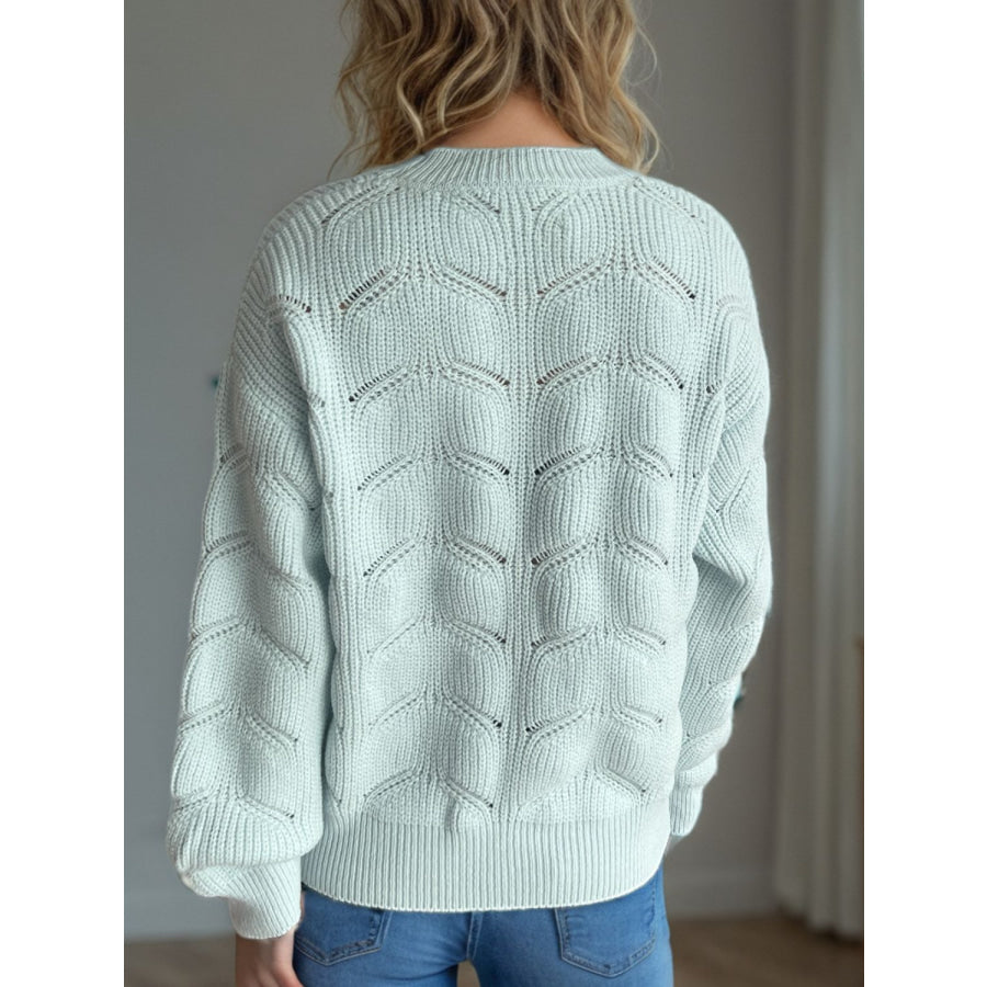 Openwork Round Neck Dropped Shoulder Sweater Apparel and Accessories