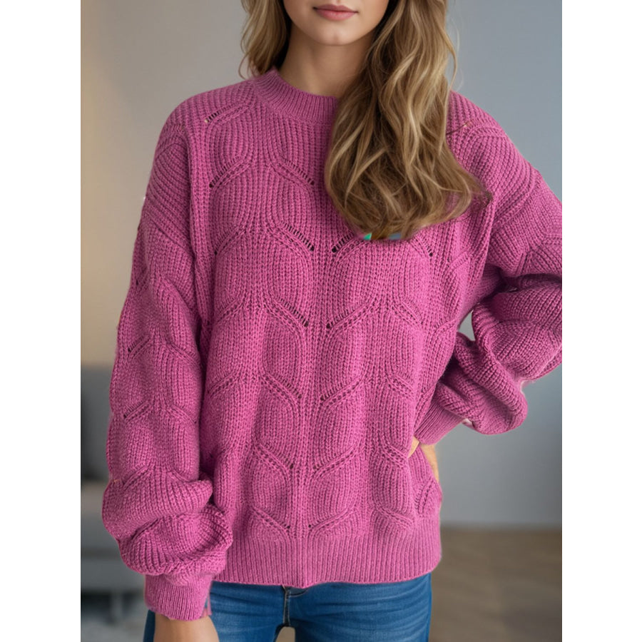 Openwork Round Neck Dropped Shoulder Sweater Cerise / One Size Apparel and Accessories