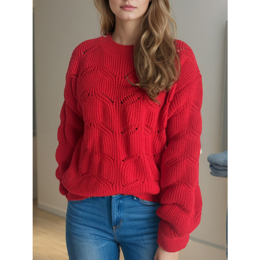 Openwork Round Neck Dropped Shoulder Sweater Deep Red / One Size Apparel and Accessories