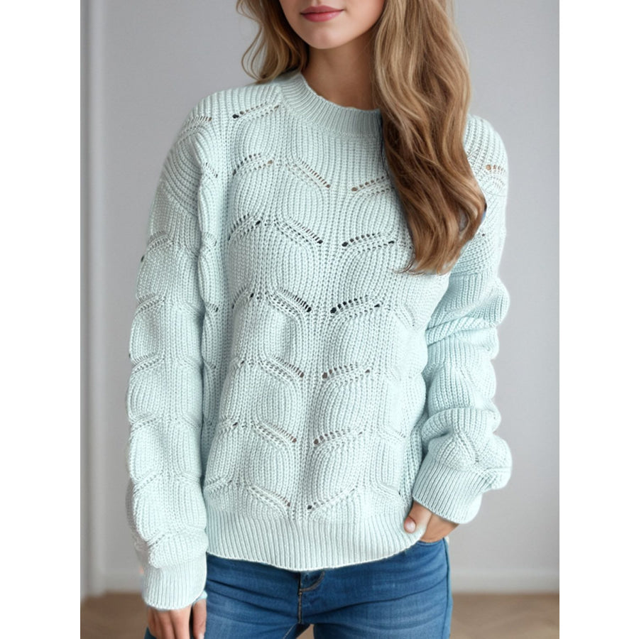 Openwork Round Neck Dropped Shoulder Sweater Mint Blue / One Size Apparel and Accessories