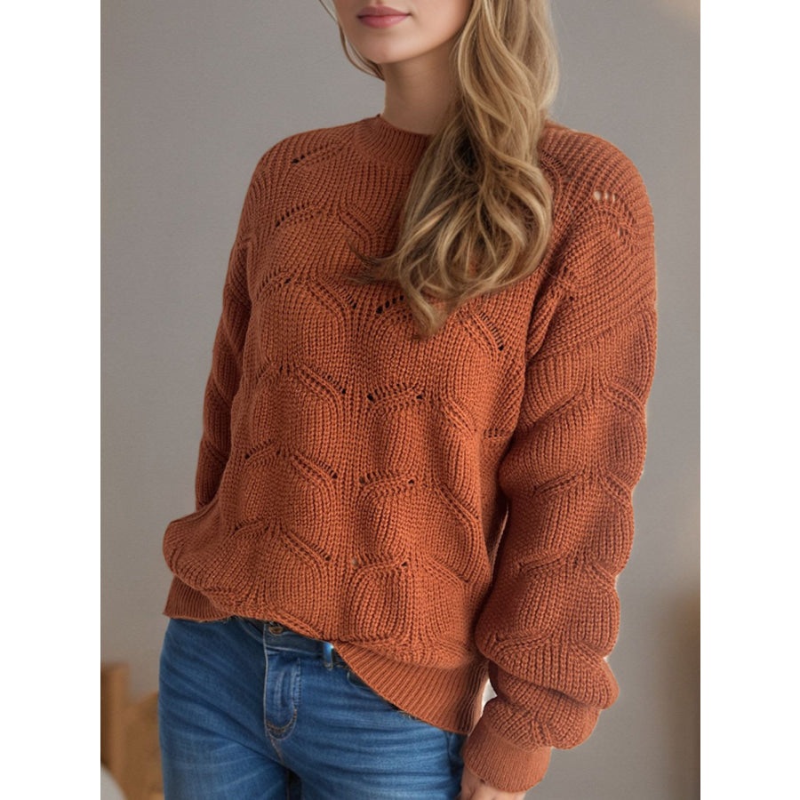 Openwork Round Neck Dropped Shoulder Sweater Ochre / One Size Apparel and Accessories