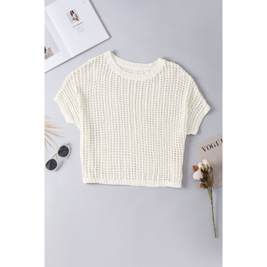 Openwork Round Neck Half Sleeve Knit Cover Up Apparel and Accessories