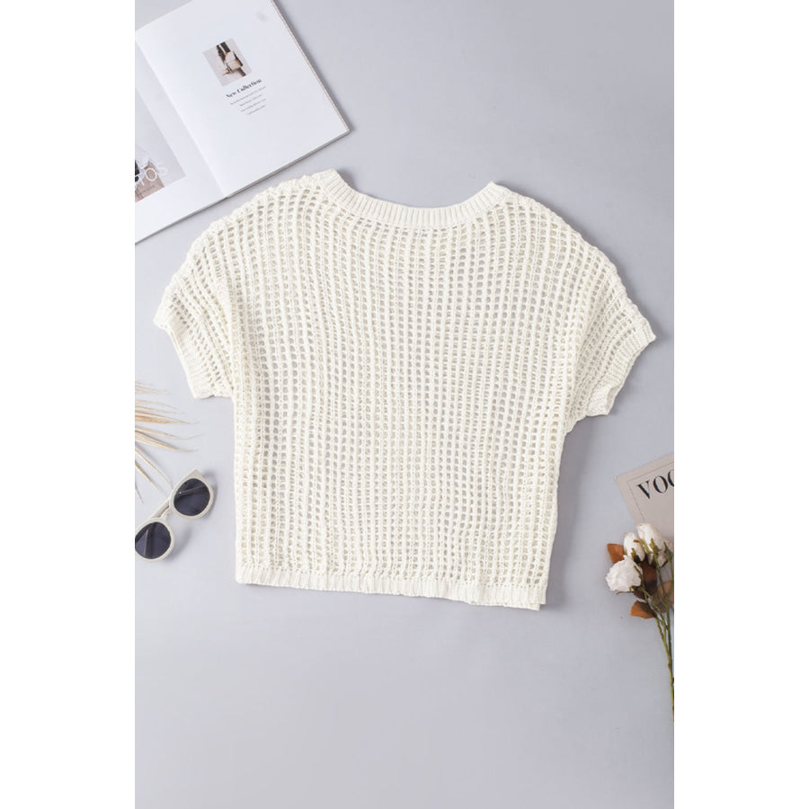 Openwork Round Neck Half Sleeve Knit Cover Up Apparel and Accessories