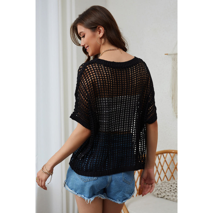 Openwork Round Neck Half Sleeve Knit Cover Up Apparel and Accessories