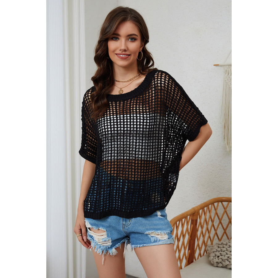 Openwork Round Neck Half Sleeve Knit Cover Up Apparel and Accessories