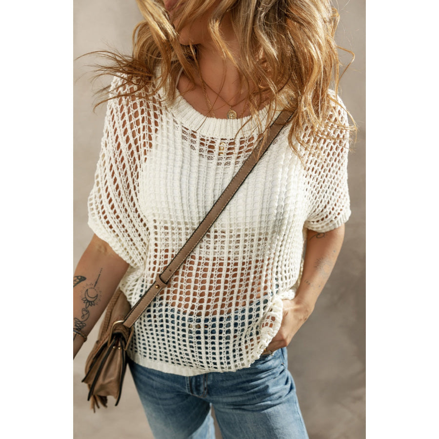 Openwork Round Neck Half Sleeve Knit Cover Up Apparel and Accessories