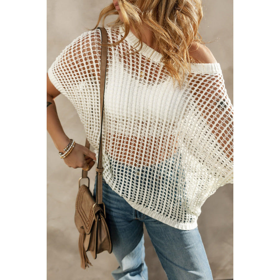 Openwork Round Neck Half Sleeve Knit Cover Up White / S Apparel and Accessories