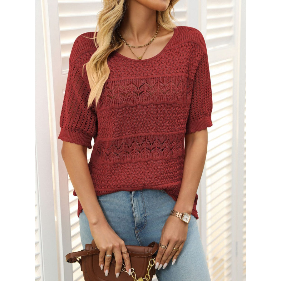 Openwork Round Neck Half Sleeve Knit Top Apparel and Accessories