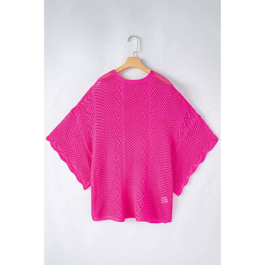 Openwork Round Neck Half Sleeve Knit Top Apparel and Accessories