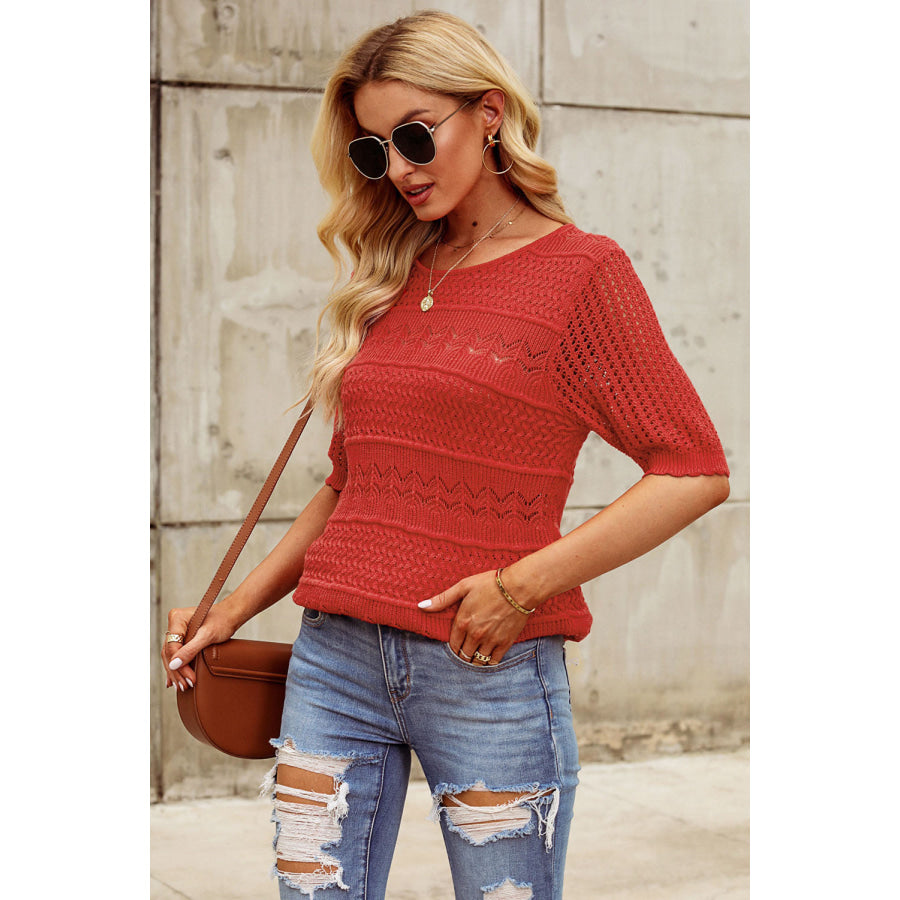 Openwork Round Neck Half Sleeve Knit Top Apparel and Accessories