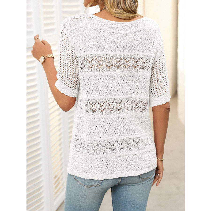 Openwork Round Neck Half Sleeve Knit Top Apparel and Accessories