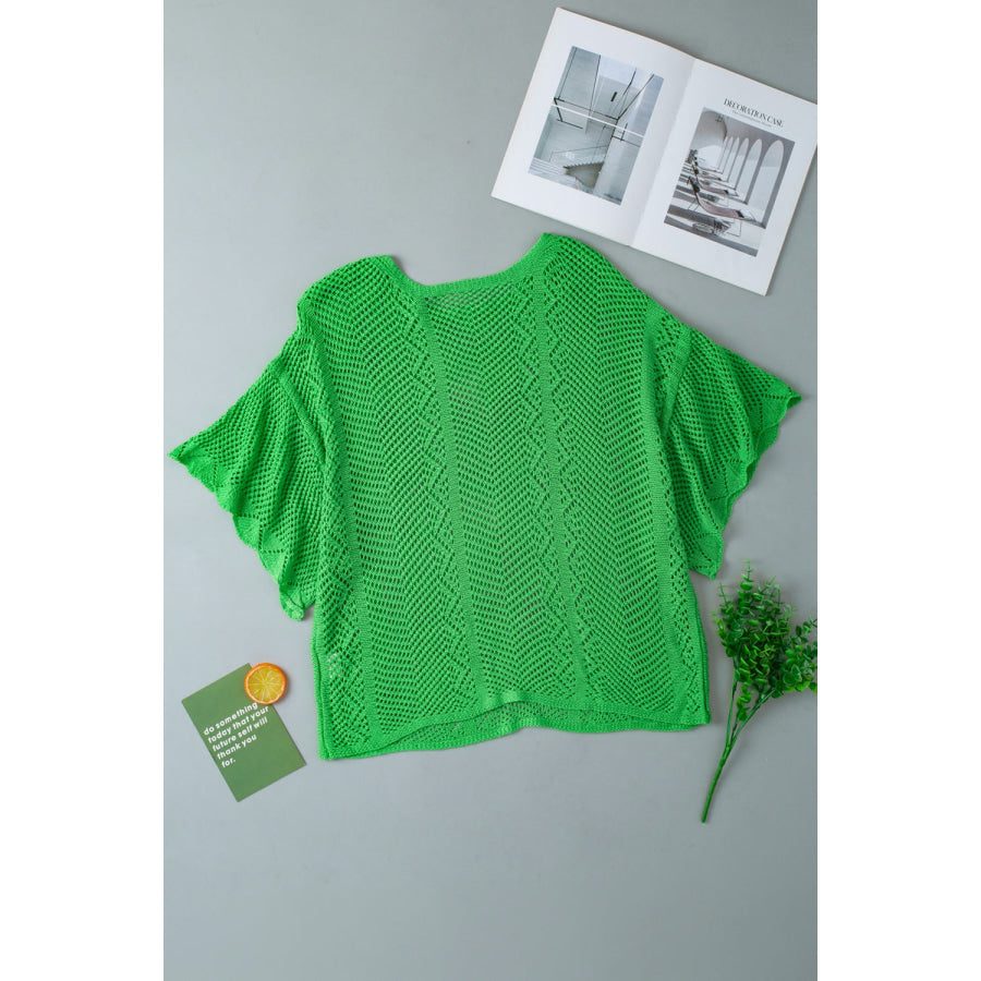 Openwork Round Neck Half Sleeve Knit Top Apparel and Accessories