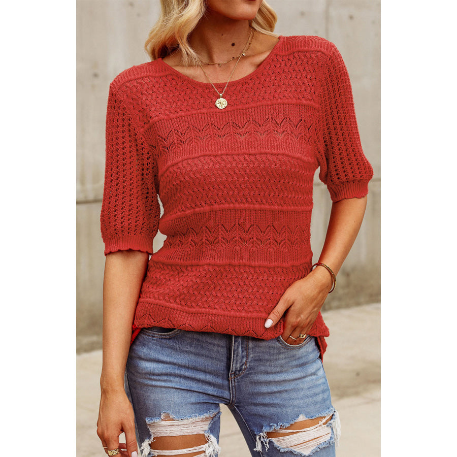 Openwork Round Neck Half Sleeve Knit Top Brick Red / L Apparel and Accessories